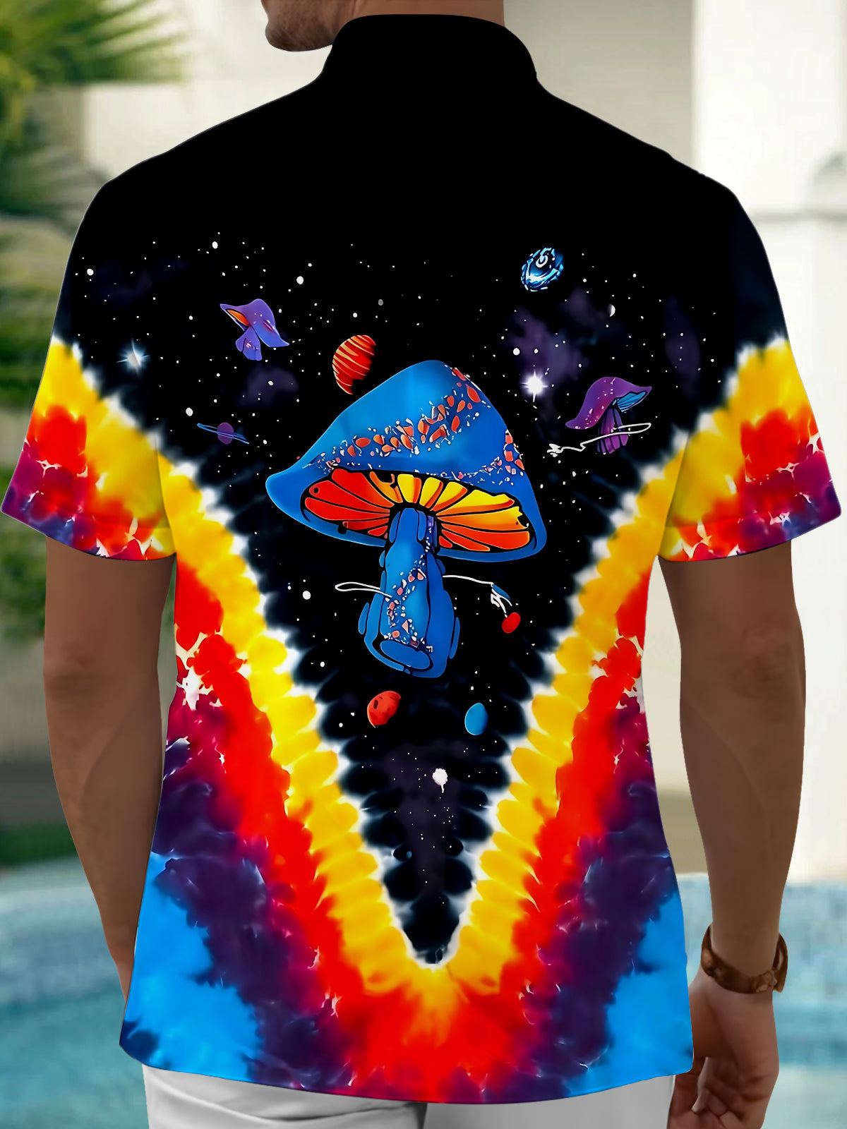 Oceanlyte Men's Tie Dye Cosmic Mushroom Print Short Sleeve Shirt with Chest Pocket