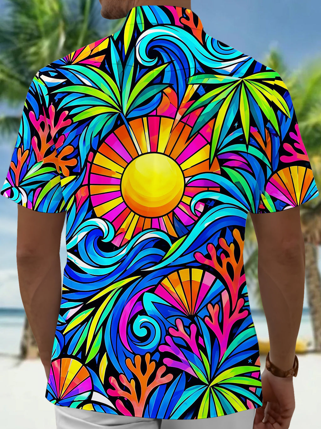 Oceanlyte Men's Hawaiian Sun Waves Coral Geometry Print Short Sleeve Shirt with Chest Pocket