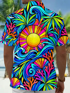 Oceanlyte Men's Hawaiian Sun Waves Coral Geometry Print Short Sleeve Shirt with Chest Pocket