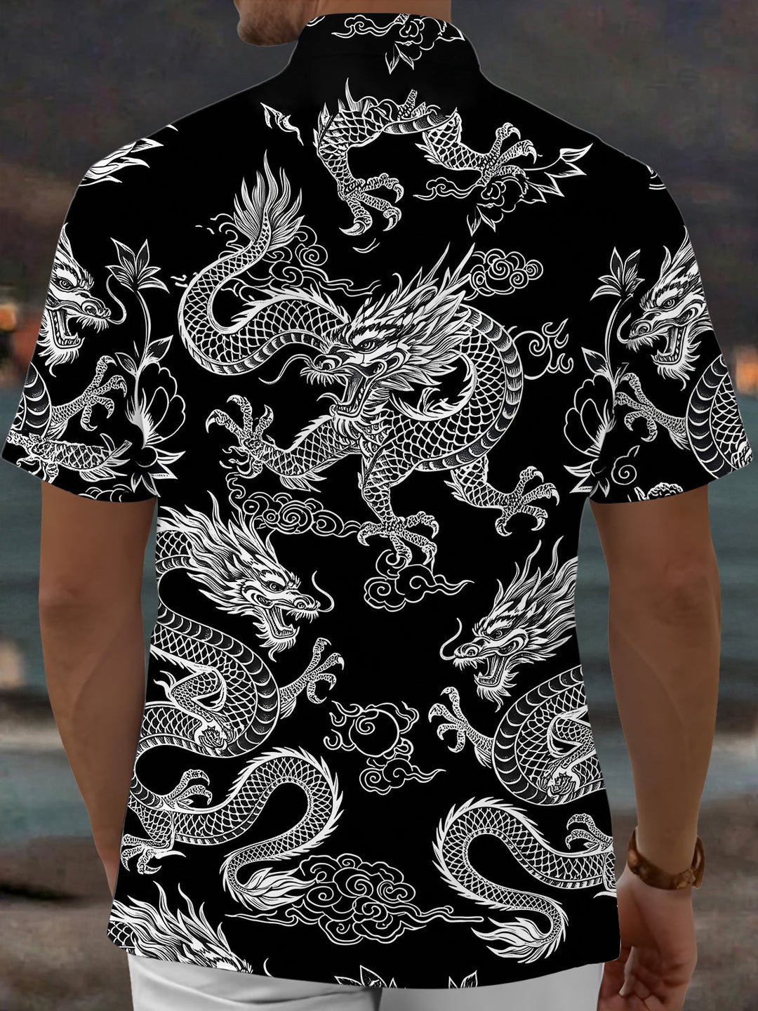 Oceanlyte Men's Hawaiian Chinese Dragon Print Short Sleeve Shirt with Chest Pocket