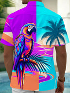 Oceanlyte Men's Hawaiian Macaw Parrot And Palm Trees Print Short Sleeve Shirt with Chest Pocket