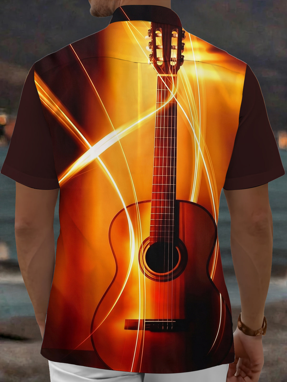 Oceanlyte Men's Graphic Guitar Print Light Streaks Print Short Sleeve Shirt with Chest Pocket