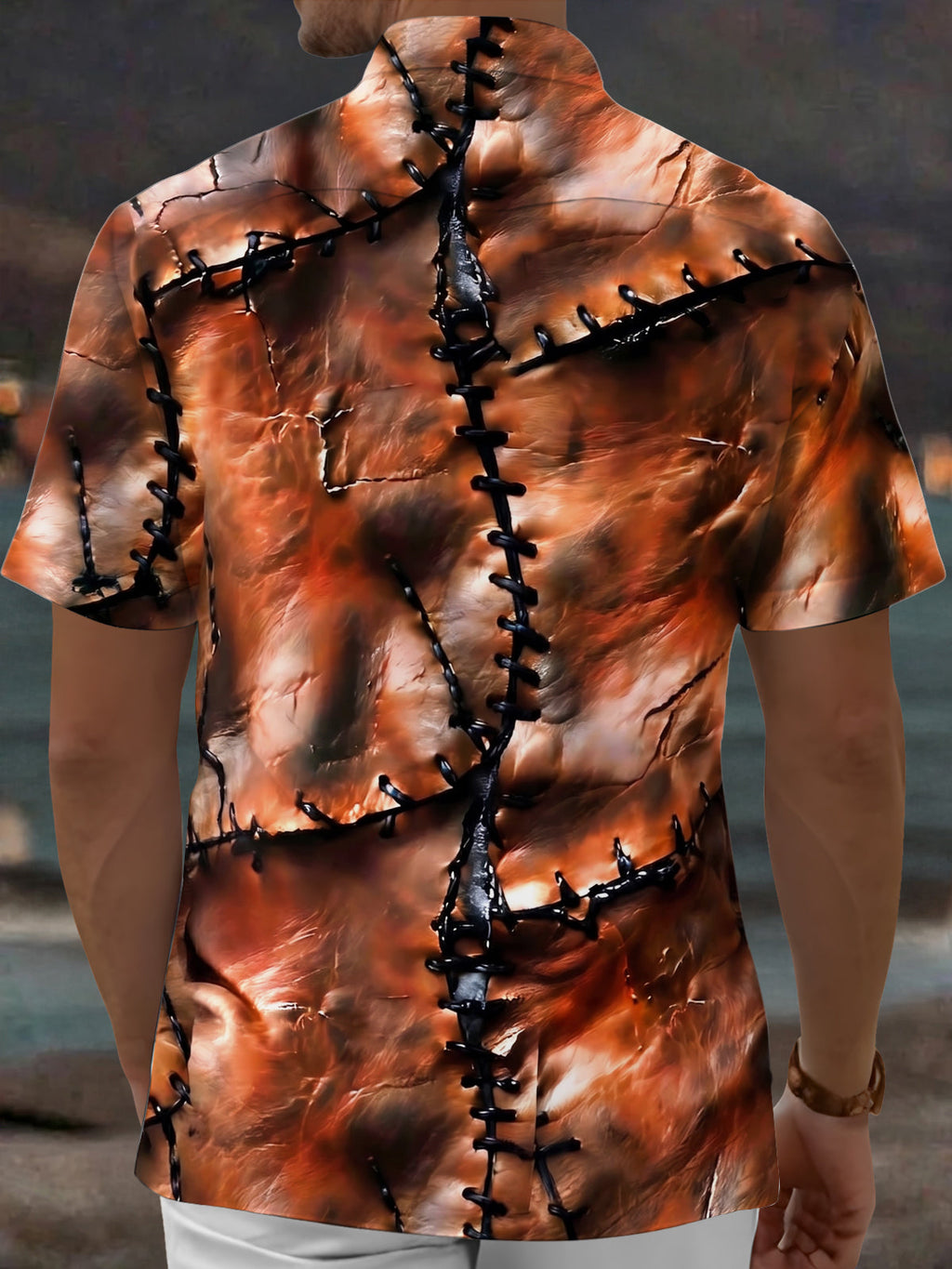 Oceanlyte Men's Vintage Style Leather Patchwork Print Short Sleeve Shirt with Chest Pocket