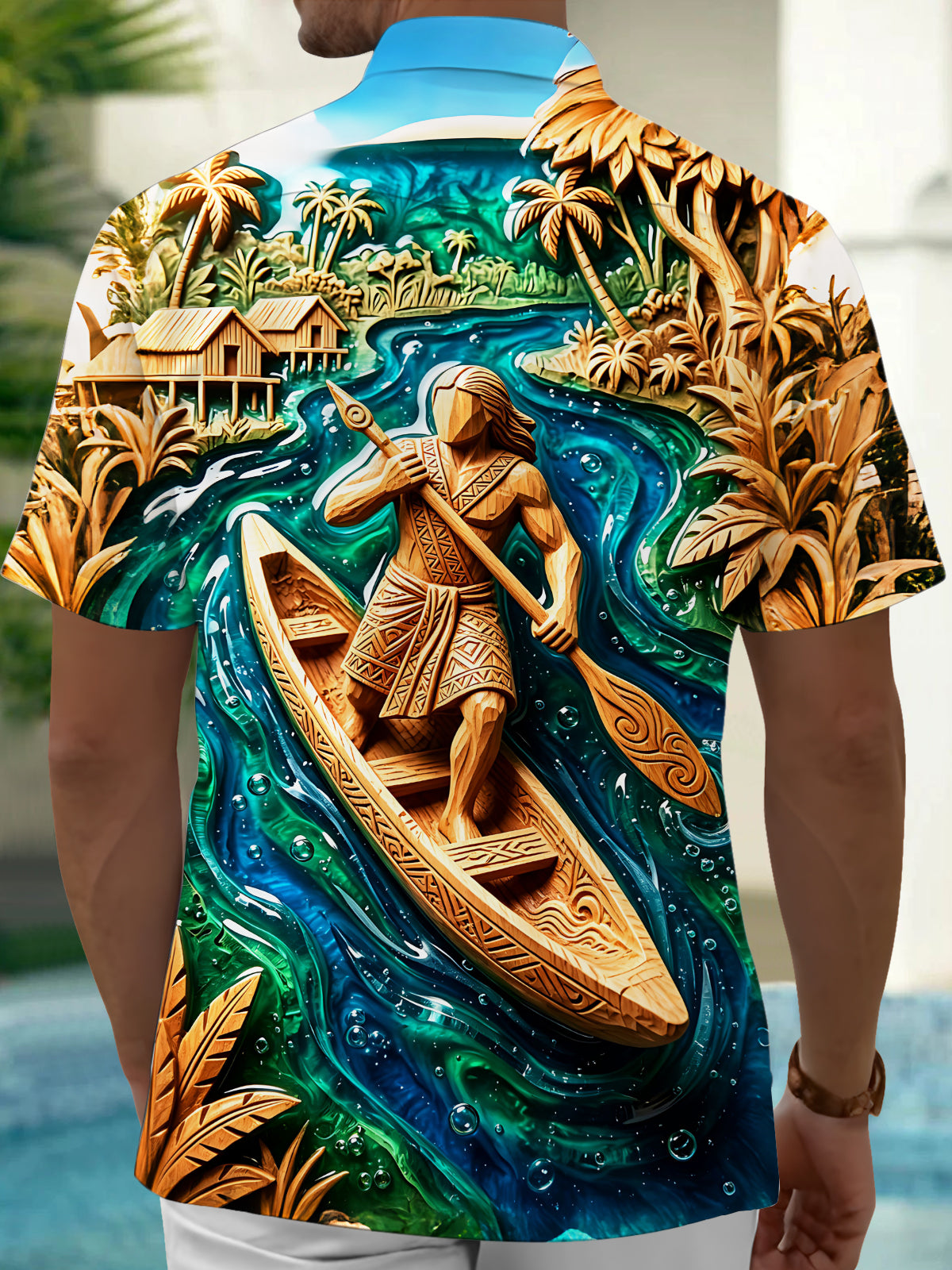 Oceanlyte Wood Carving Polynesian Canoe Men's Pocket Short Sleeve Shirts
