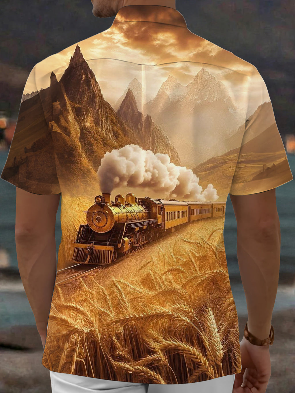 Oceanlyte Men's Vintage Style Vintage Steam Train Print Short Sleeve Shirt with Chest Pocket