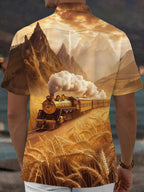 Oceanlyte Men's Vintage Style Vintage Steam Train Print Short Sleeve Shirt with Chest Pocket