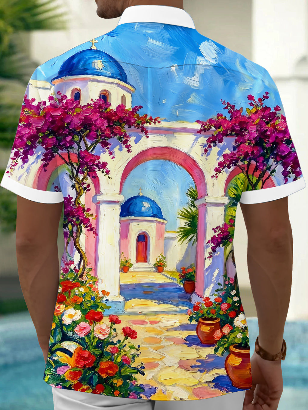 Oceanlyte Men's Short Sleeve Shirt - Mediterranean Scenery With Blue Domes And Bougainvillea Print with Chest Pocket