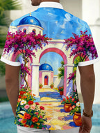 Oceanlyte Men's Short Sleeve Shirt - Mediterranean Scenery With Blue Domes And Bougainvillea Print with Chest Pocket