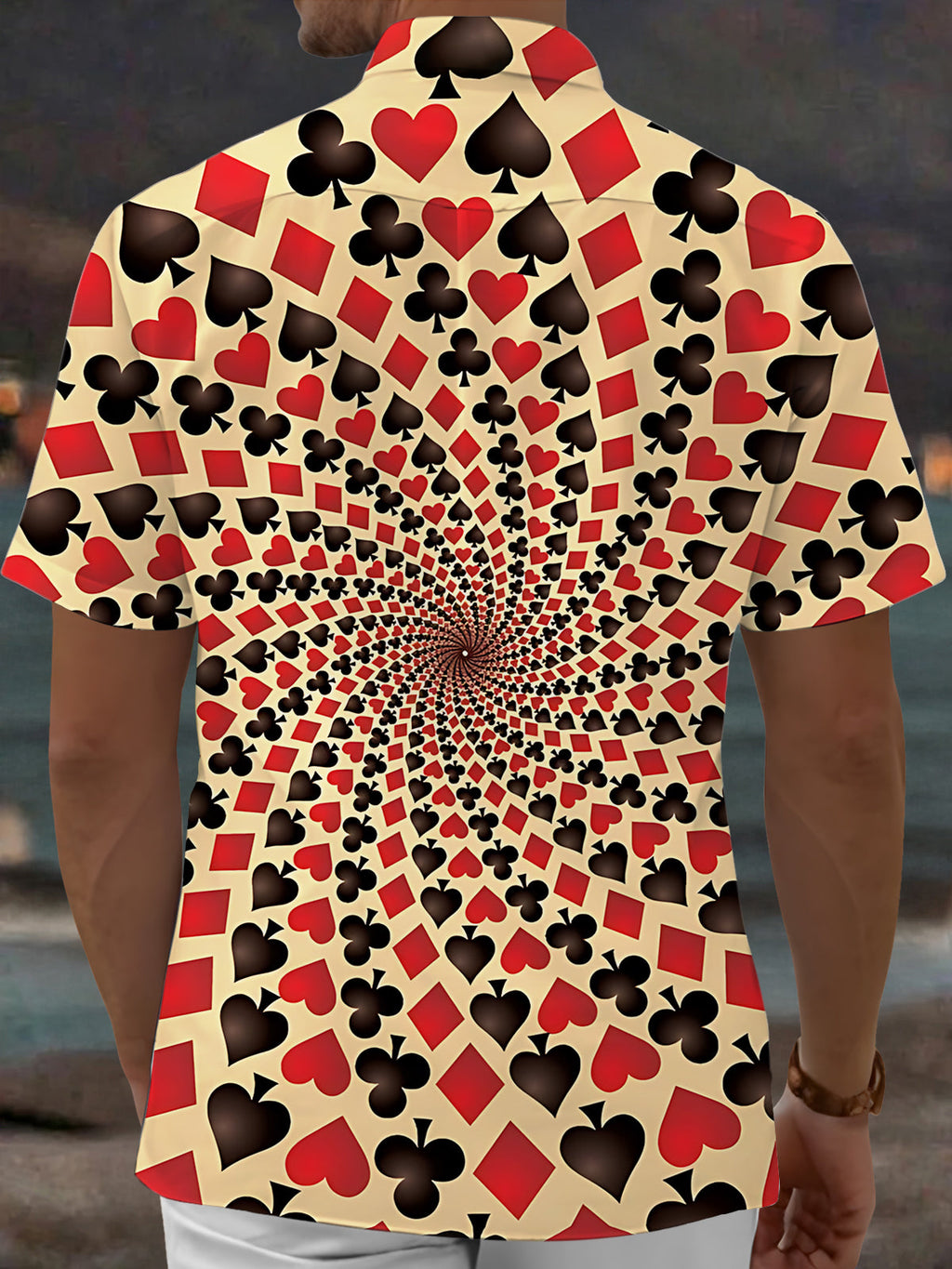 Oceanlyte Men's Printed Spiral Poker Print Card Suits Pattern Short Sleeve Shirt with Chest Pocket