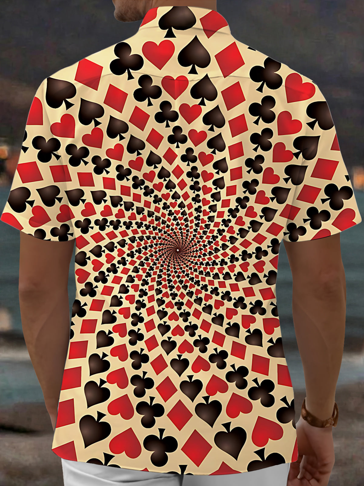 Oceanlyte Men's Printed Spiral Poker Print Card Suits Pattern Short Sleeve Shirt with Chest Pocket