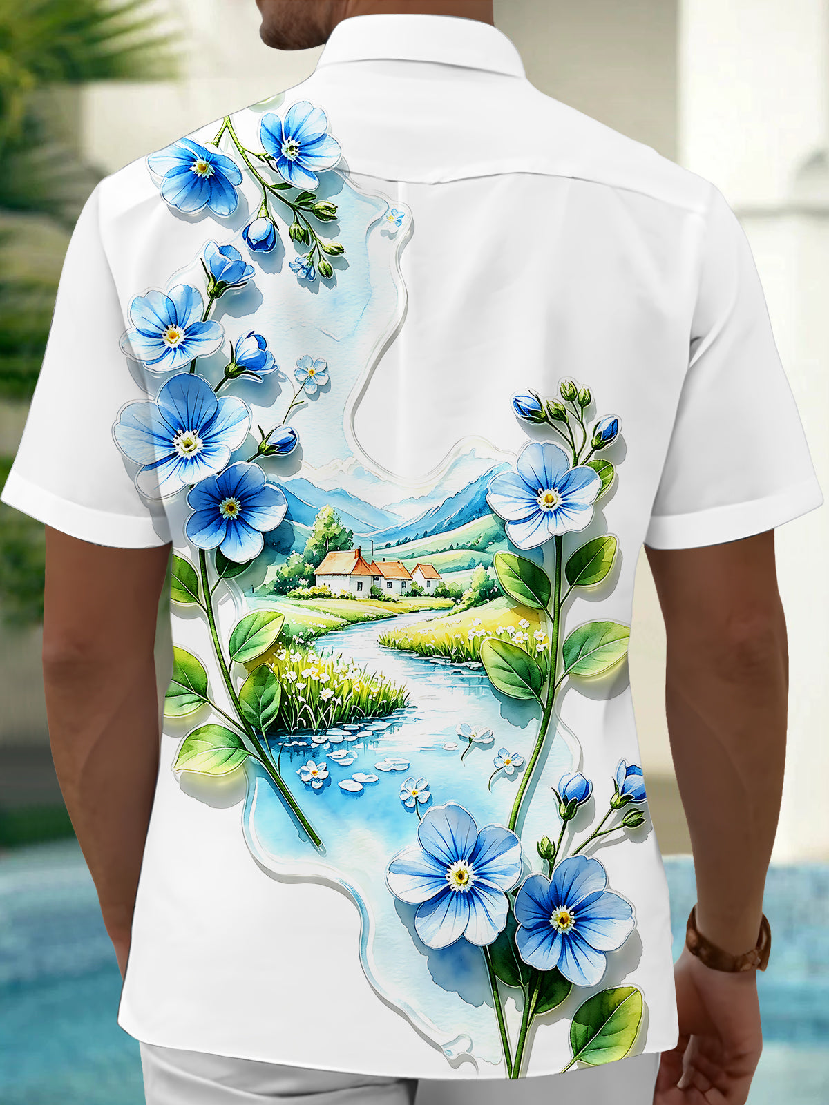 Oceanlyte Men's Printed Floral Landscape Print Short Sleeve Shirt with Chest Pocket