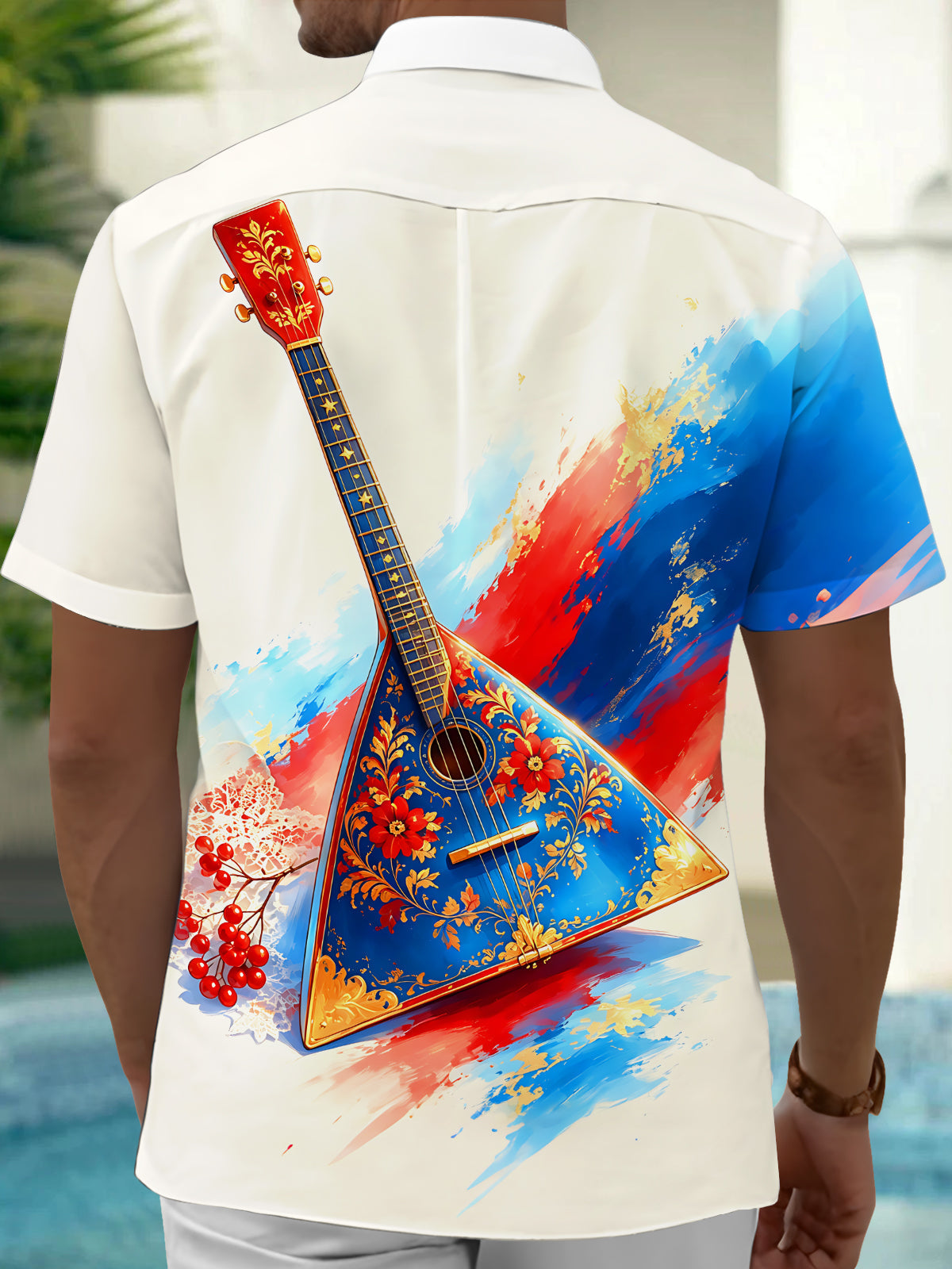 Oceanlyte Men's Graphic Balalaika Instrument Print Short Sleeve Shirt with Chest Pocket