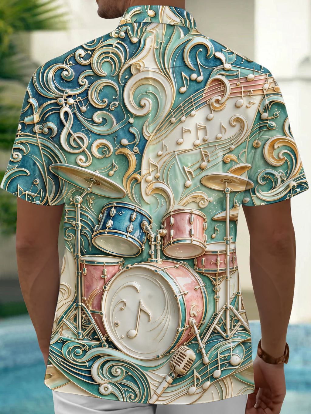 Oceanlyte Men's 3D 3D Drum Kit Print Musical Notes Print Short Sleeve Shirt with Chest Pocket