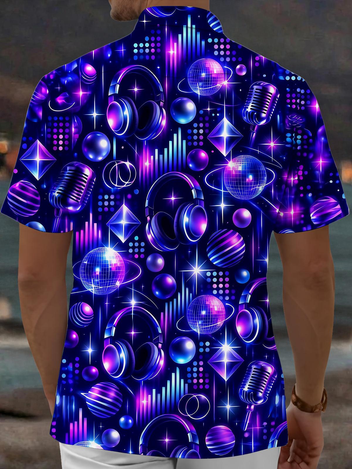 Oceanlyte Men's Neon Music Equipment And Disco Balls Print Short Sleeve Shirt with Chest Pocket