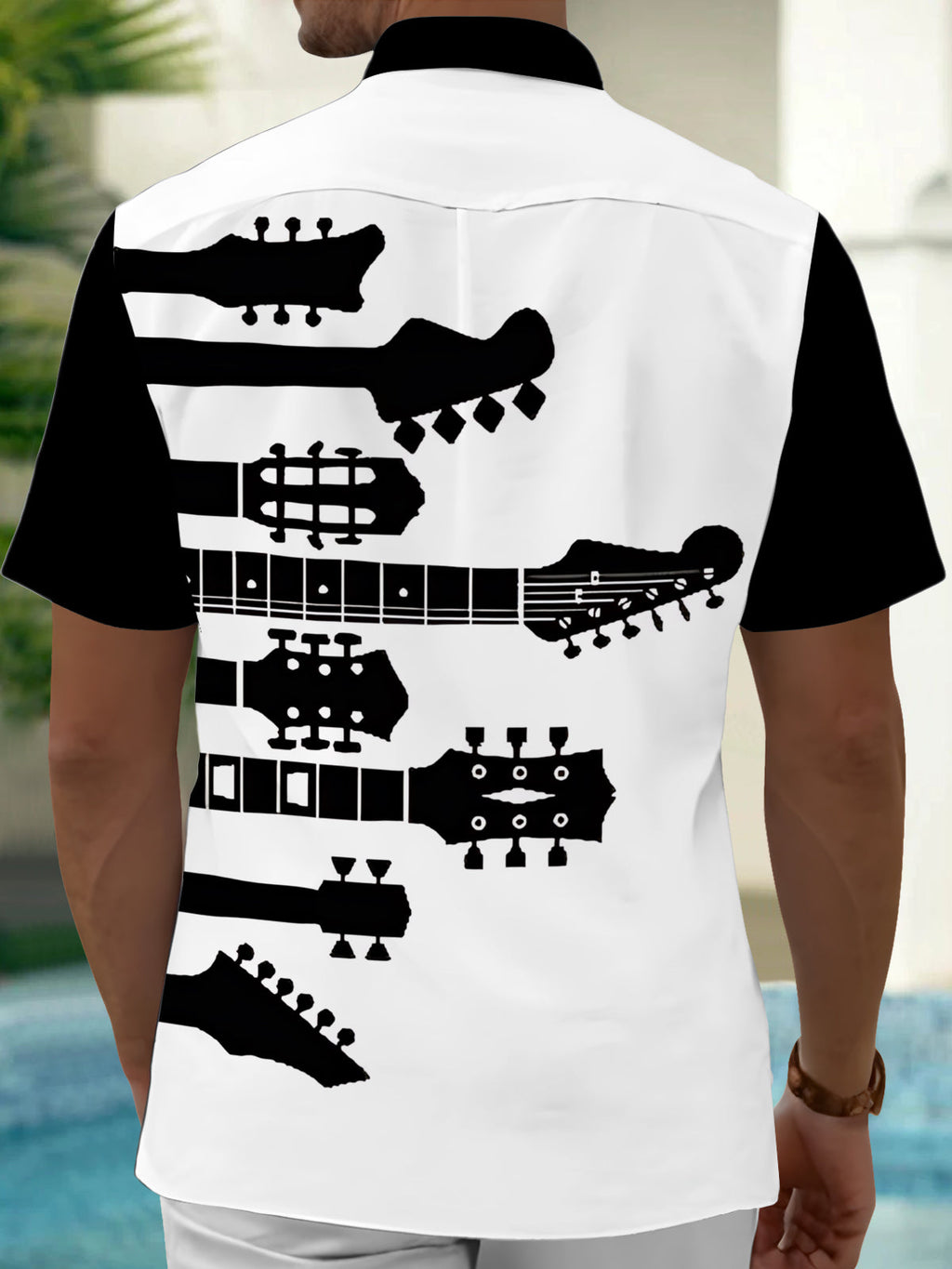 Oceanlyte Men's Graphic Guitar Headstock Silhouette Print Short Sleeve Shirt with Chest Pocket