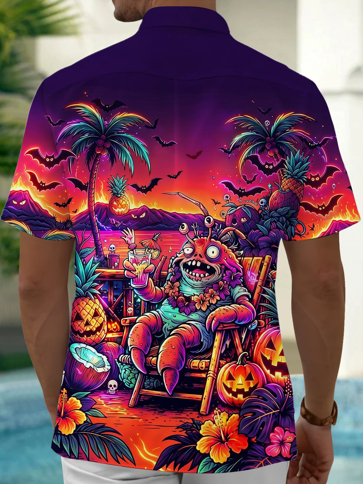 Oceanlyte Men's Halloween Monster And Jack-o-lanterns Print Short Sleeve Shirt with Chest Pocket
