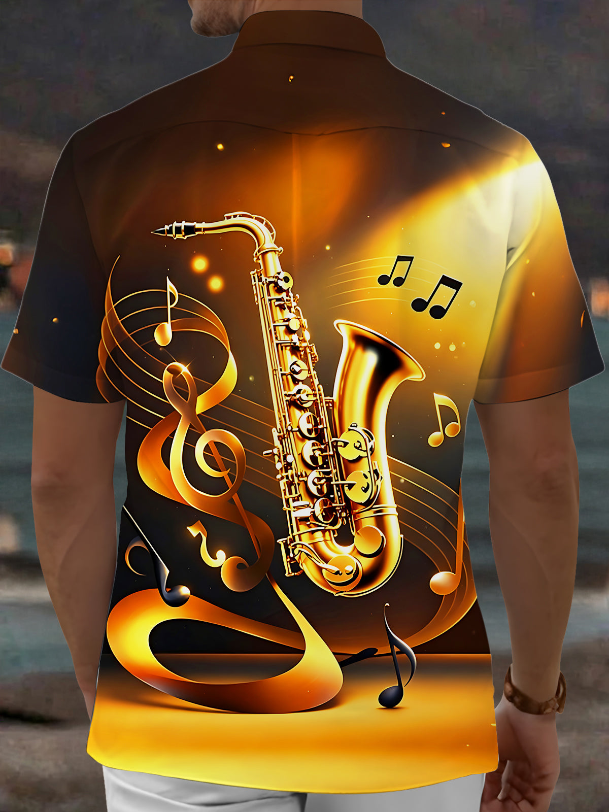 Oceanlyte Men's Graphic Golden Saxophone Print Short Sleeve Shirt with Chest Pocket