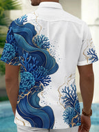 Oceanlyte Men's Hawaiian Ocean Wave Print Coral Reef Print Short Sleeve Shirt with Chest Pocket