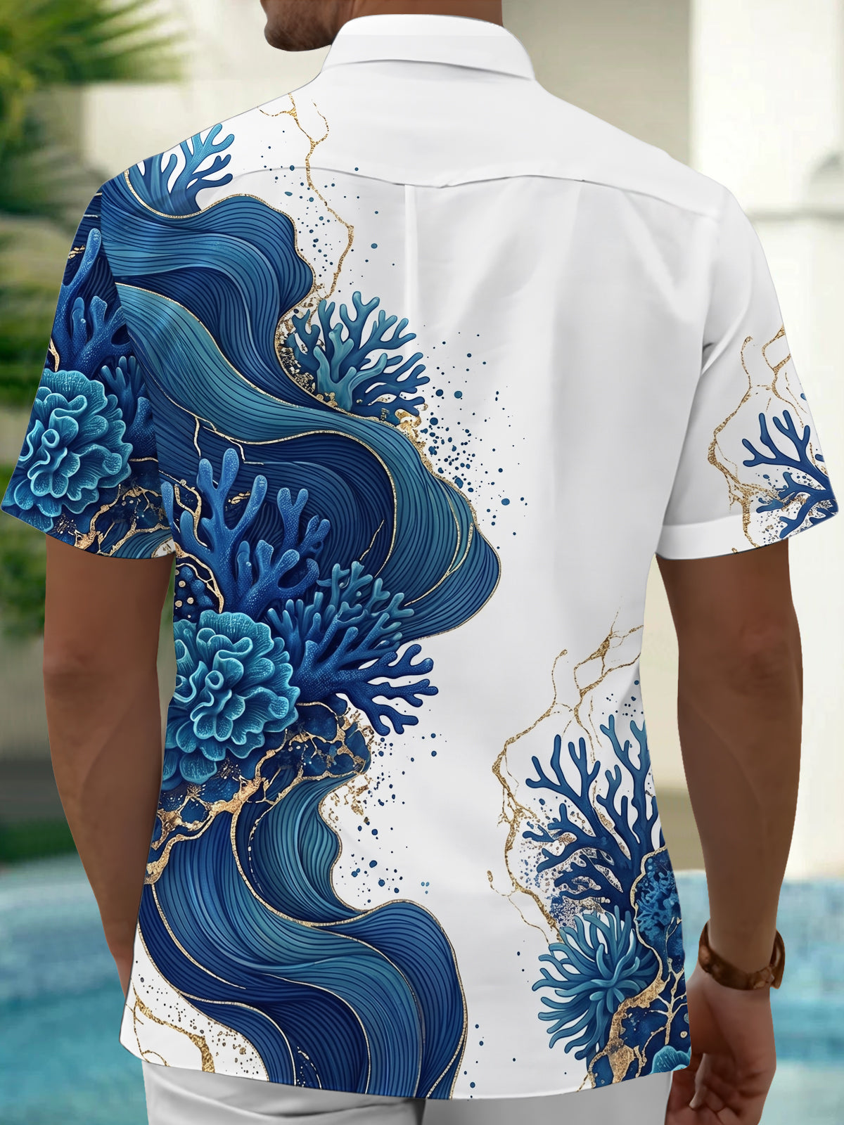 Oceanlyte Men's Hawaiian Ocean Wave Print Coral Reef Print Short Sleeve Shirt with Chest Pocket