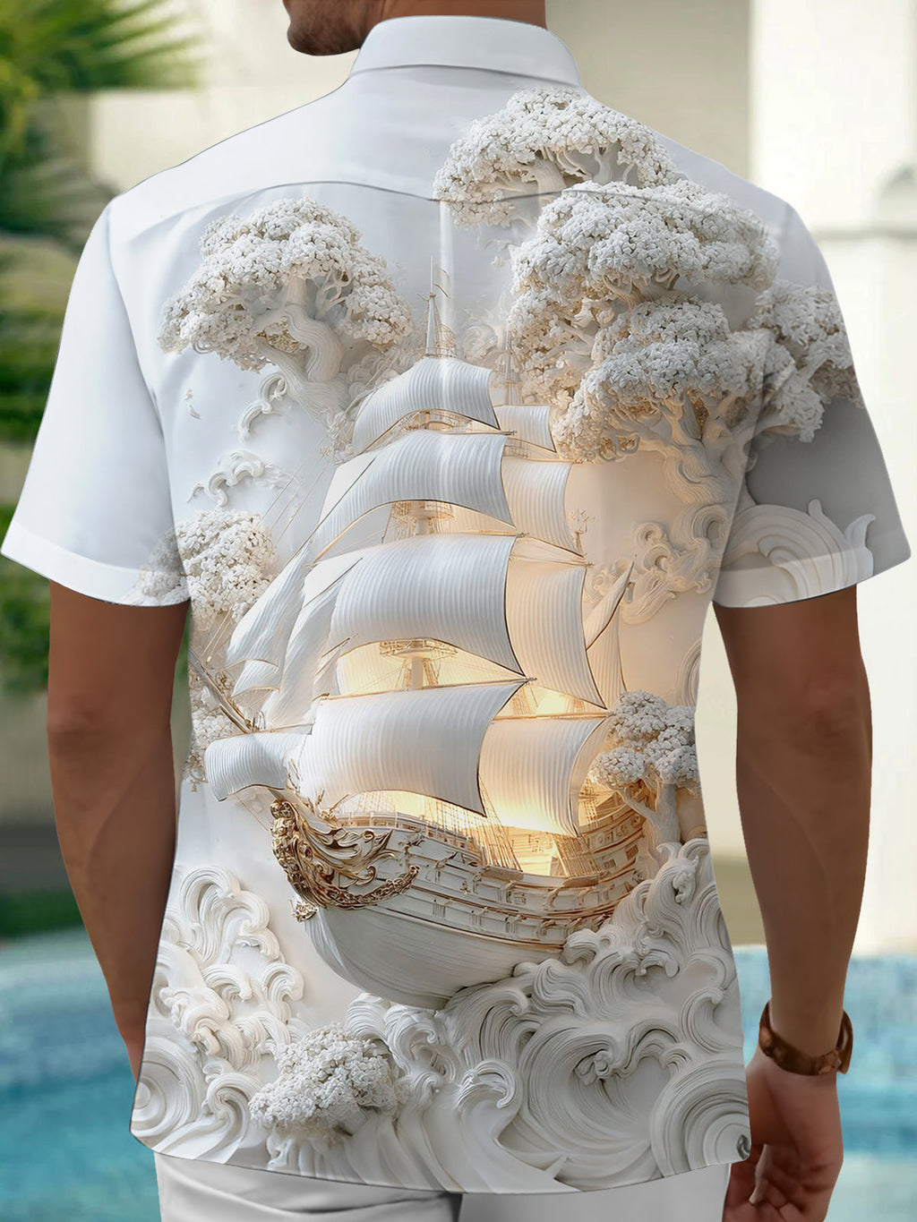 Oceanlyte Men's 3D Sailing Ship Graphic Print Short Sleeve Button Down Shirt with Chest Pocket