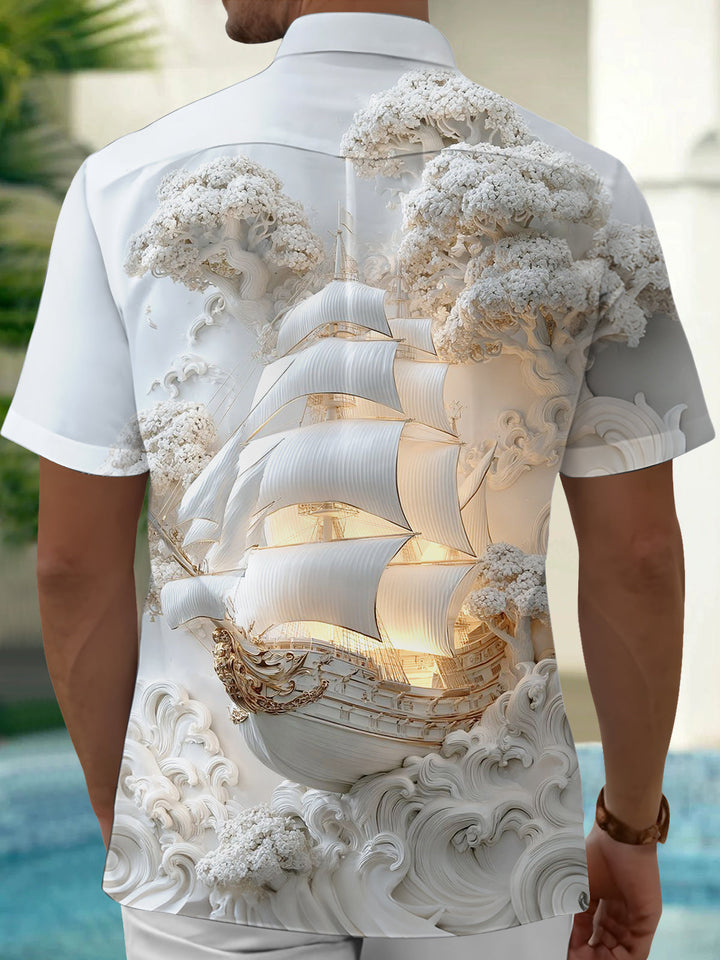 Oceanlyte Men's 3D Sailing Ship Graphic Print Short Sleeve Button Down Shirt with Chest Pocket