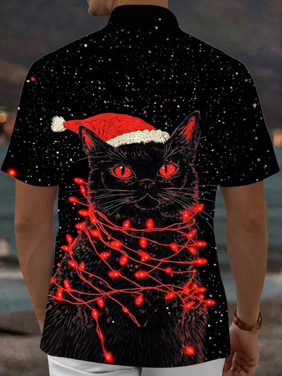 Oceanlyte Men's Graphic Black Cat With Santa Hat Print Short Sleeve Shirt with Chest Pocket