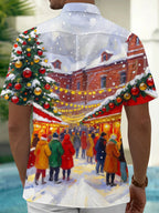 Oceanlyte Men's Short Sleeve Shirt - Christmas Market Scene With Christmas Tree And Ornaments Print with Chest Pocket