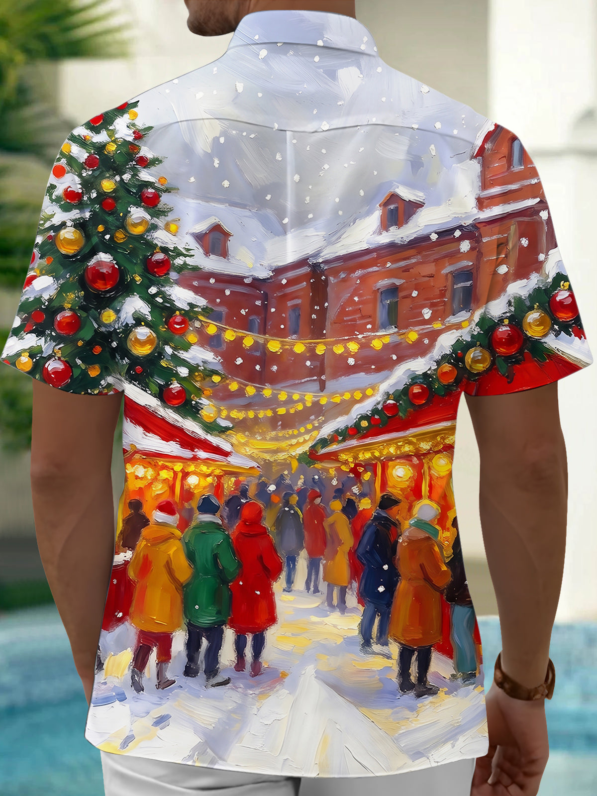 Oceanlyte Men's Short Sleeve Shirt - Christmas Market Scene With Christmas Tree And Ornaments Print with Chest Pocket