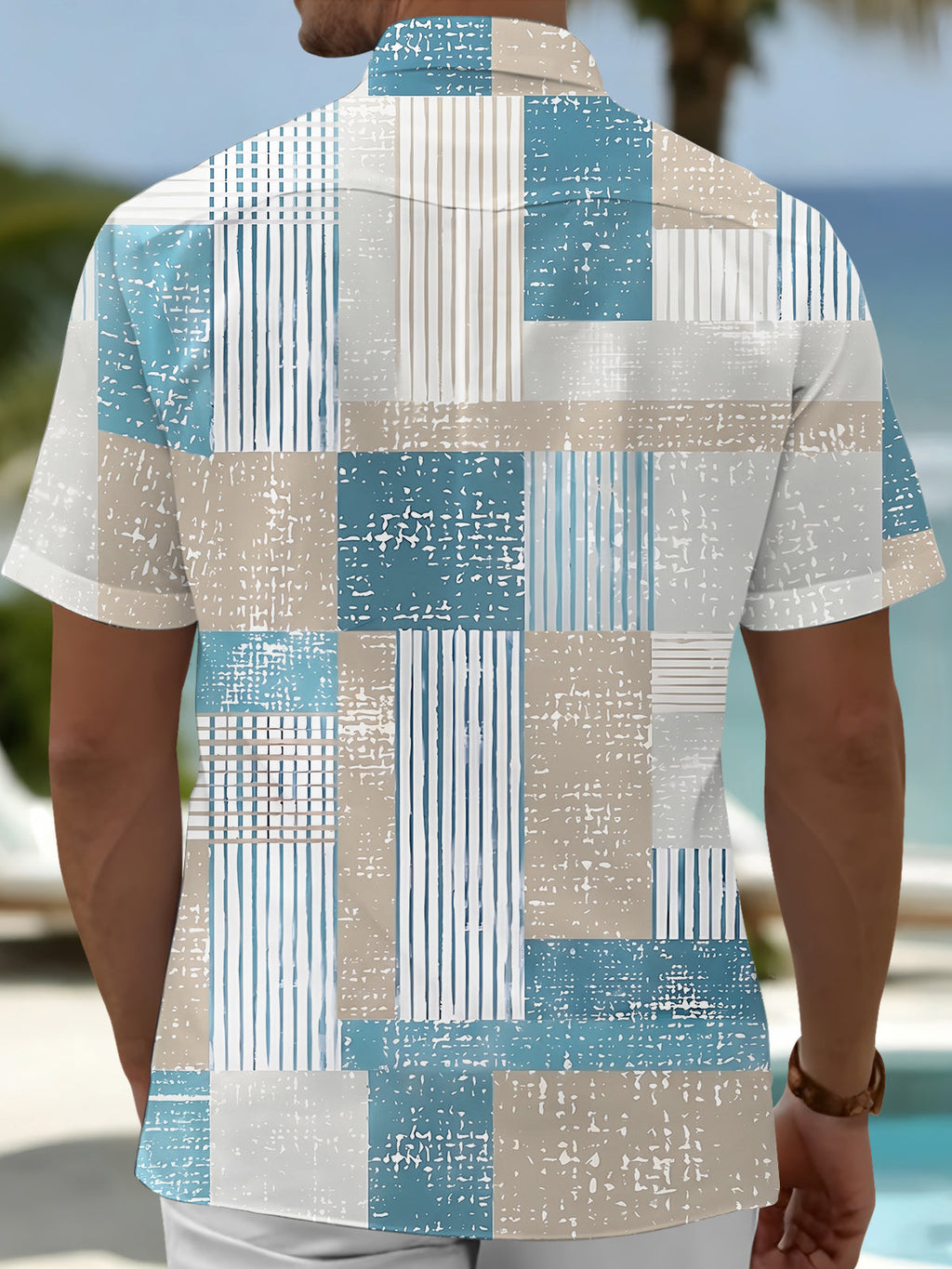 Oceanlyte Men's Striped Geometric Patchwork Stripes Print Short Sleeve Shirt with Chest Pocket