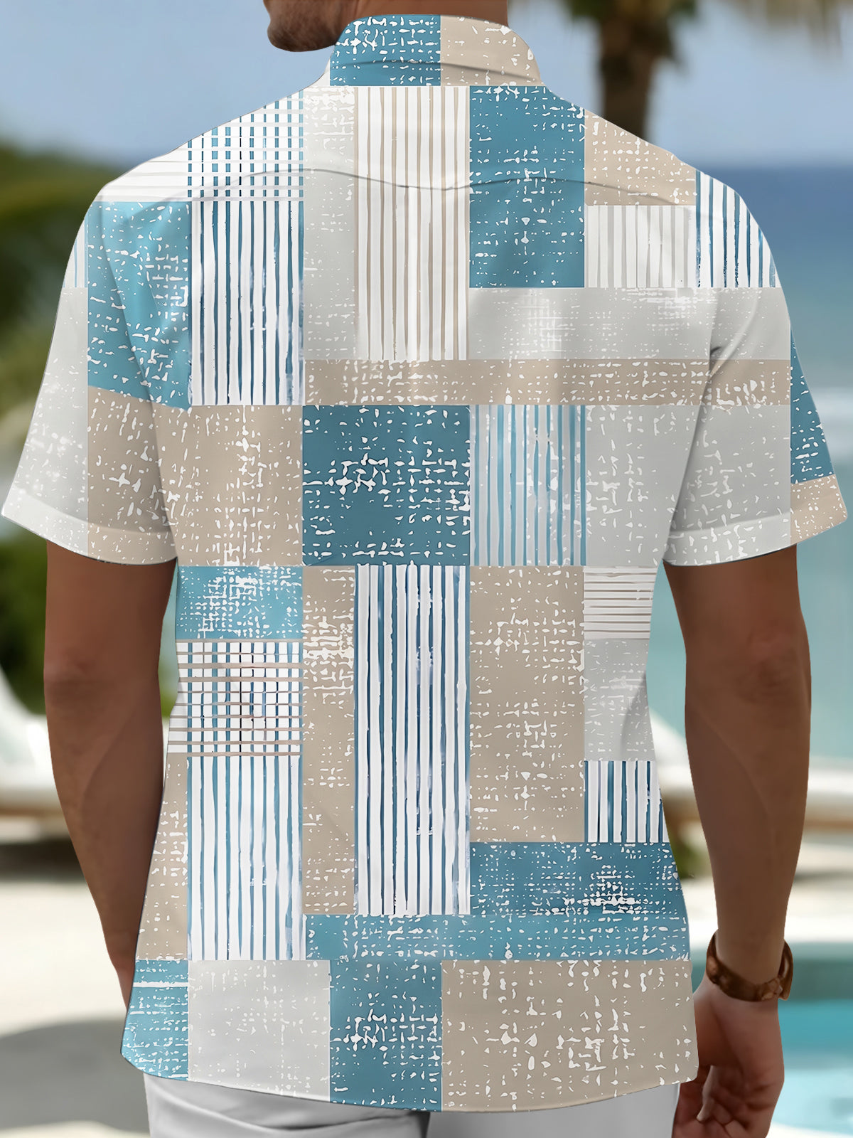 Oceanlyte Men's Striped Geometric Patchwork Stripes Print Short Sleeve Shirt with Chest Pocket