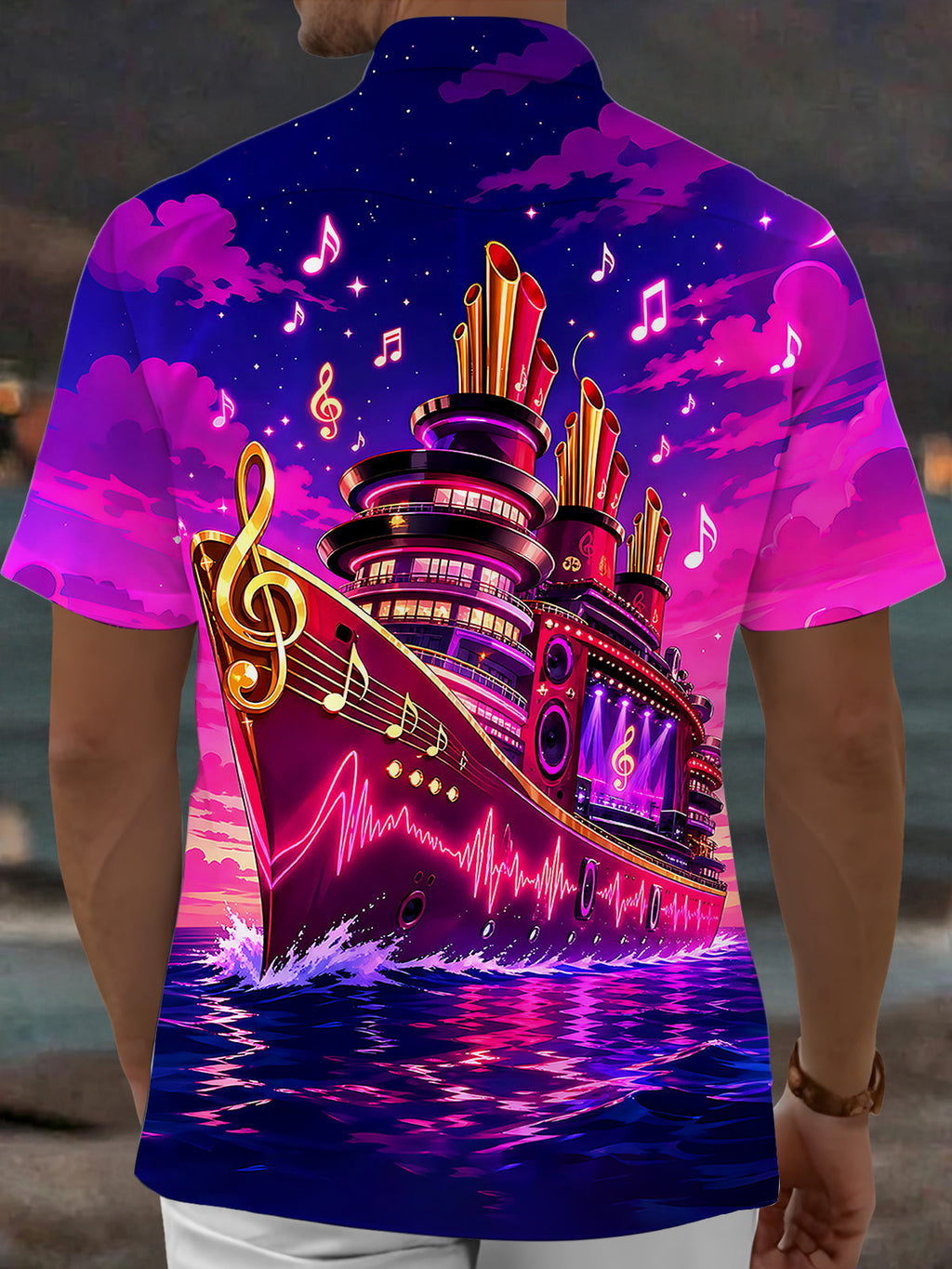 Oceanlyte Men's Graphic Music Cruise Ship Print Short Sleeve Shirt with Chest Pocket