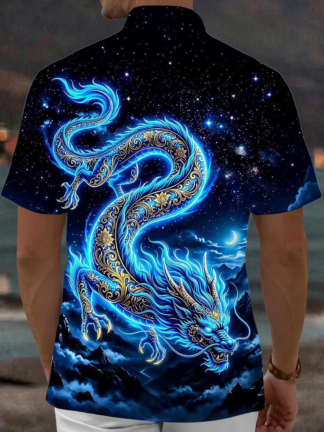 Oceanlyte Men's Graphic Blue Dragon Print Short Sleeve Shirt with Chest Pocket