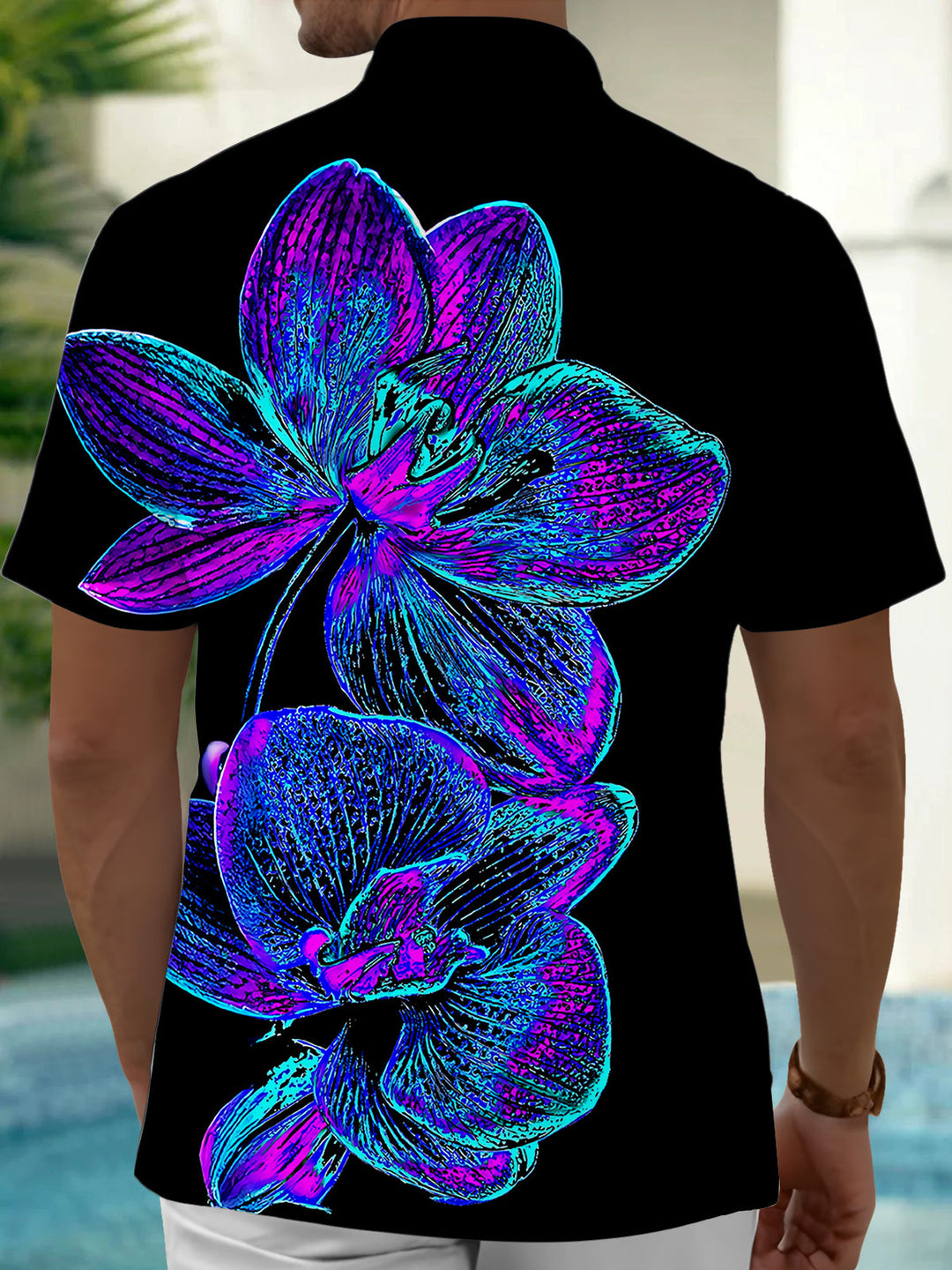 Oceanlyte Men's Hawaiian Neon Orchid Flowers Print Short Sleeve Shirt with Chest Pocket