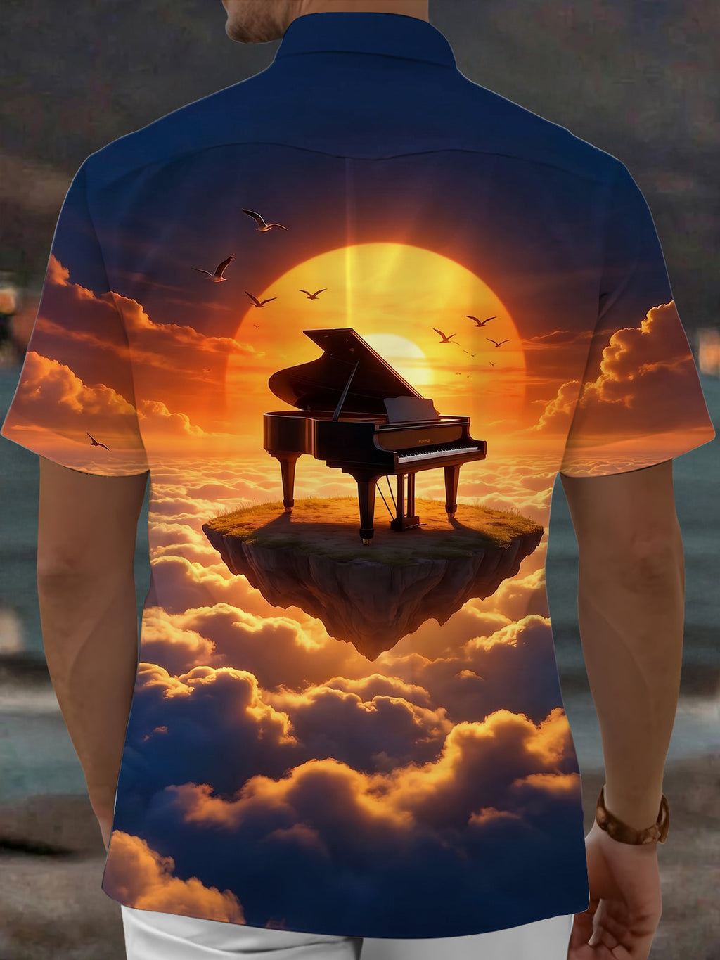 Oceanlyte Men's Hawaiian Grand Piano On Floating Island Print Short Sleeve Shirt with Chest Pocket