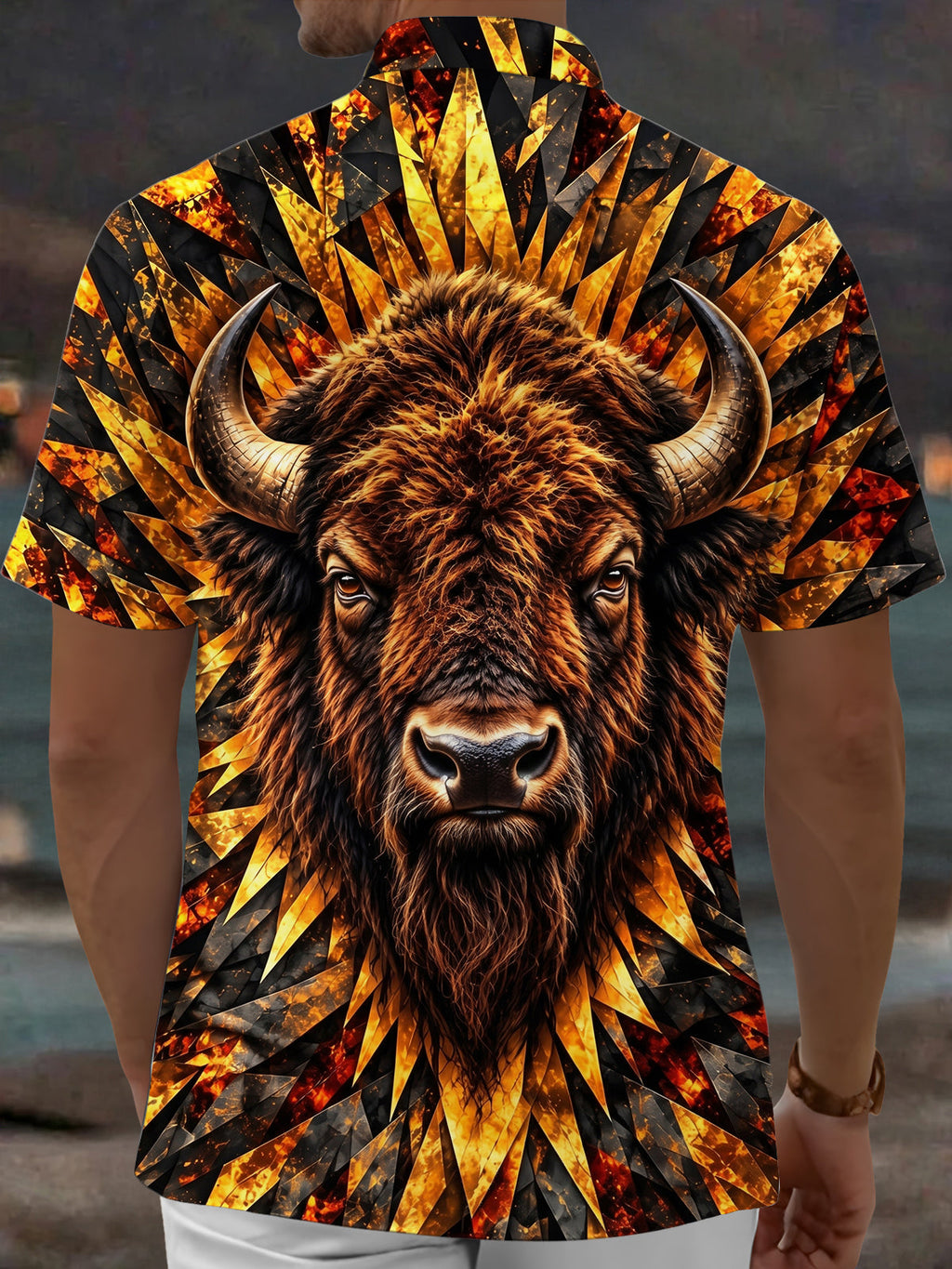 Oceanlyte Men's Hawaiian African Bison Head Print Short Sleeve Shirt with Chest Pocket