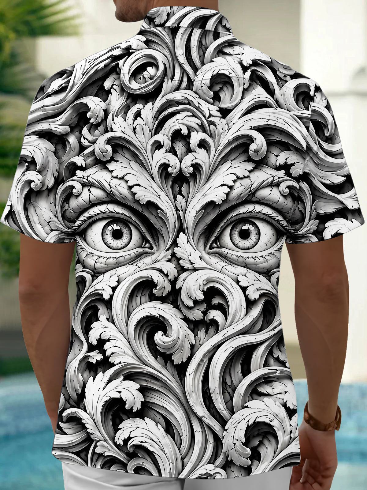 Oceanlyte Men's 3D Baroque Scrollwork And Human Eyes Print Short Sleeve Shirt with Chest Pocket