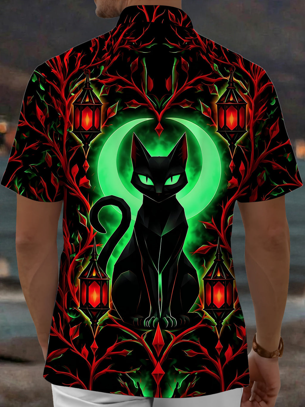 Oceanlyte Men's Short Sleeve Shirt - Halloween Black Cat With Green Moon And Red Lanterns Print with Chest Pocket