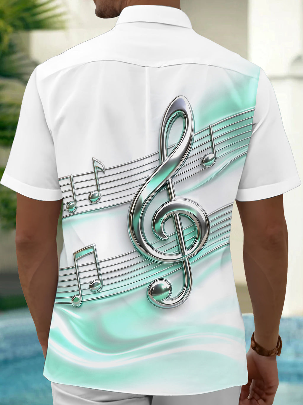Oceanlyte Men's Short Sleeve Shirt - 3D Musical Notes And Treble Clef On Staff Print with Chest Pocket