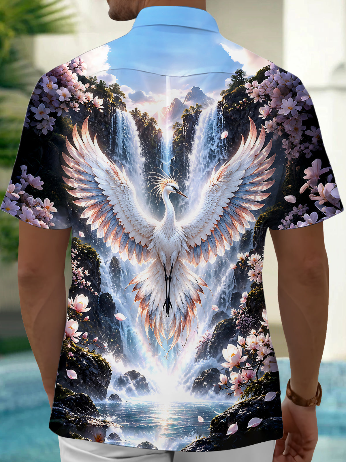 Oceanlyte Men's Hawaiian White Crane Print Short Sleeve Shirt with Chest Pocket