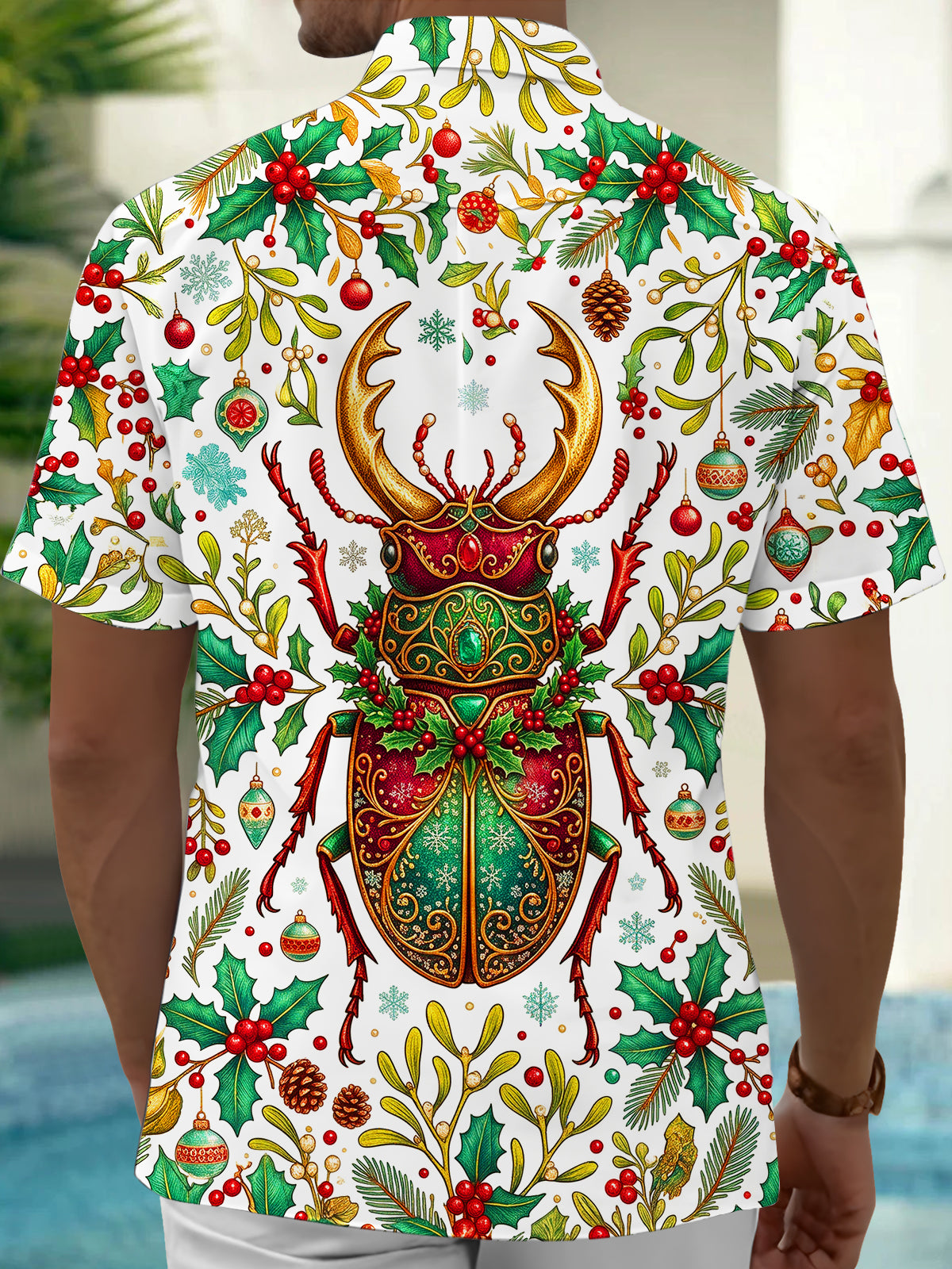 Oceanlyte Men's Hawaiian Christmas Jewel Stag Beetle Print Short Sleeve Shirt with Chest Pocket