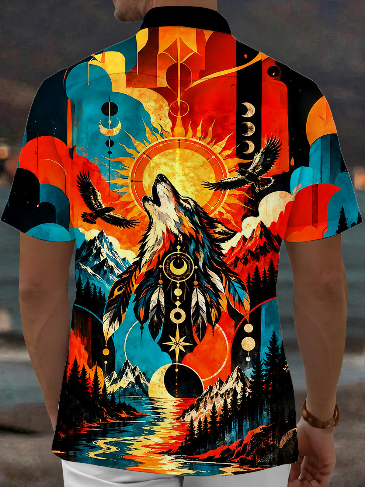 Oceanlyte Men's Hawaiian Howling Wolf Print Short Sleeve Shirt with Chest Pocket
