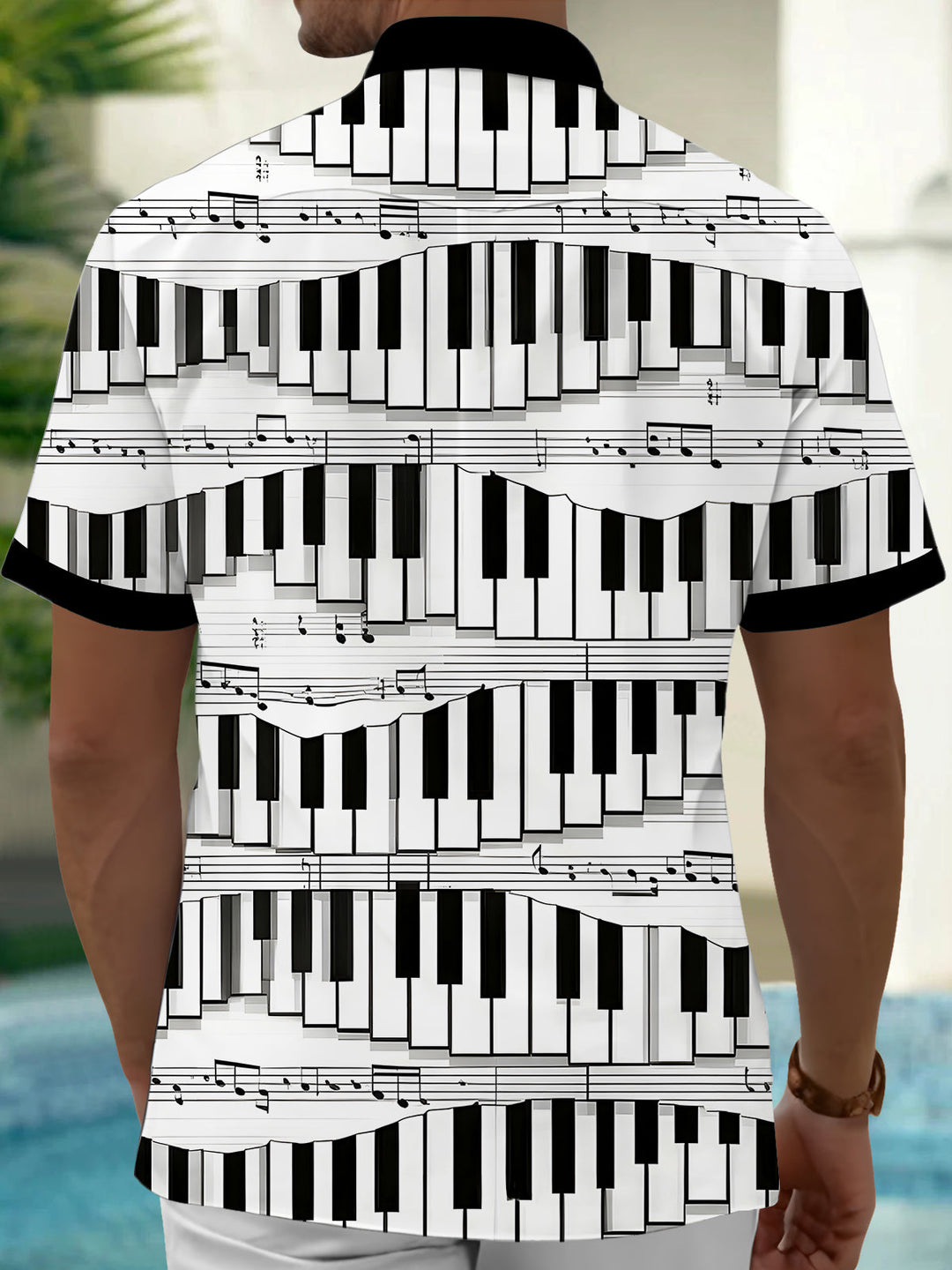 Oceanlyte Men's Graphic Geometric Piano Keys Musical Notes Print Short Sleeve Button Down Shirt with Chest Pocket