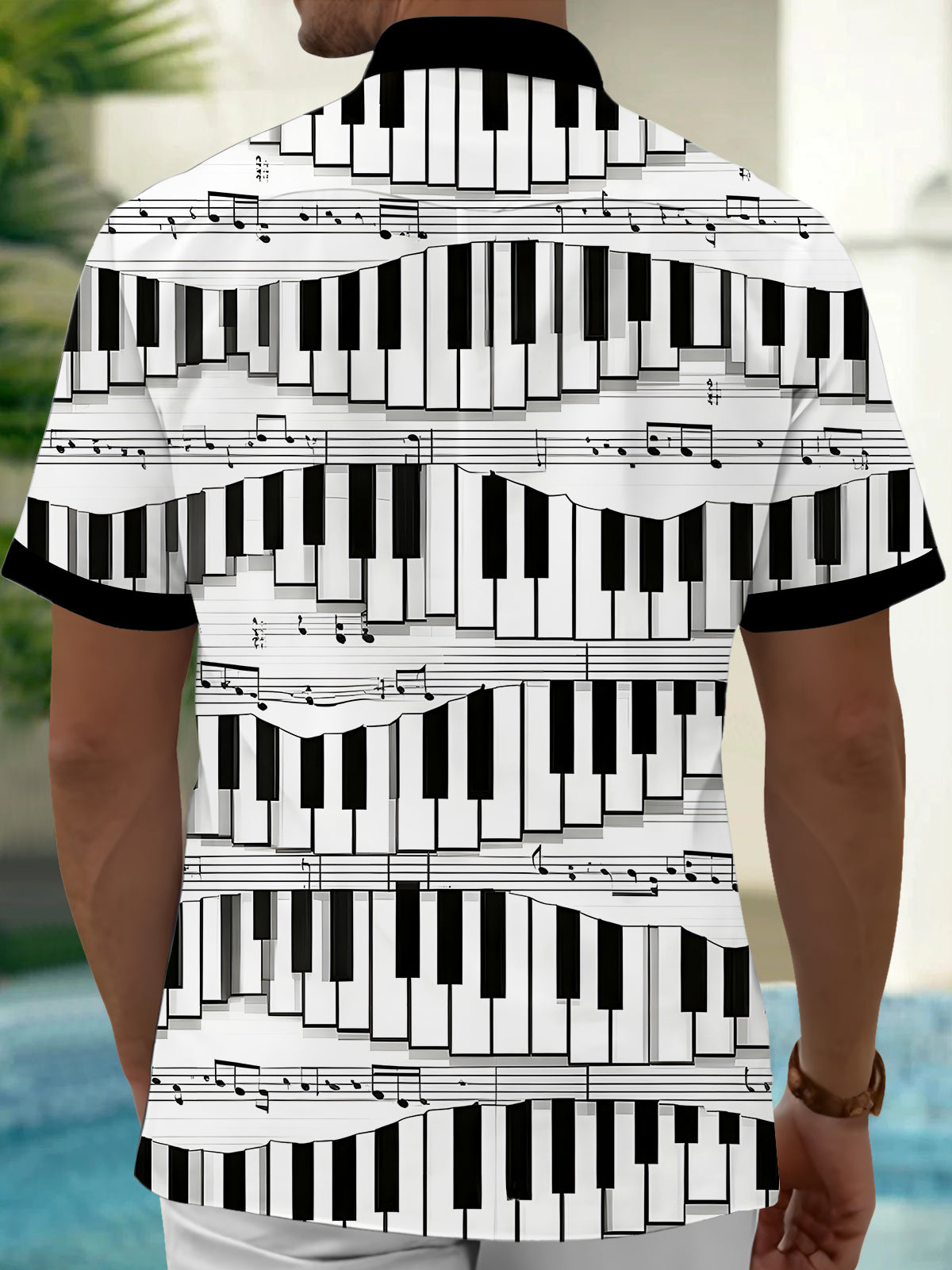 Oceanlyte Men's Graphic Geometric Piano Keys Musical Notes Print Short Sleeve Button Down Shirt with Chest Pocket