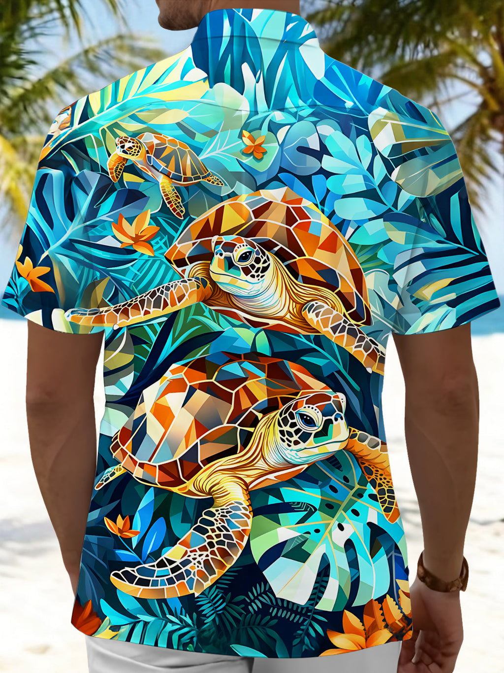 Oceanlyte Men's Hawaiian Geometric Sea Turtle Print Short Sleeve Shirt with Chest Pocket