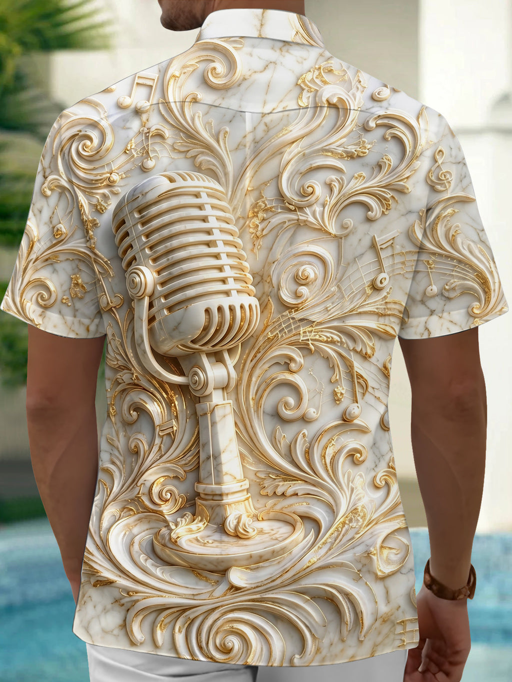 Oceanlyte Men's Marble Embossed Microphone Print Short Sleeve Shirt with Chest Pocket