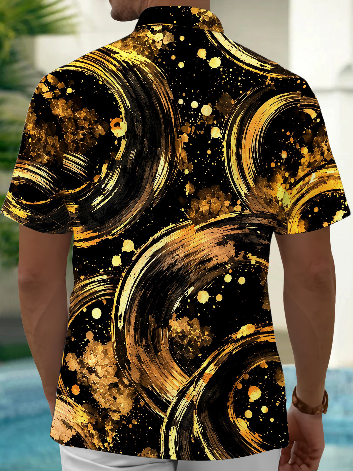 Oceanlyte Men's Short Sleeve Shirt - Abstract Gold And Black Swirls With Splatters Print with Chest Pocket