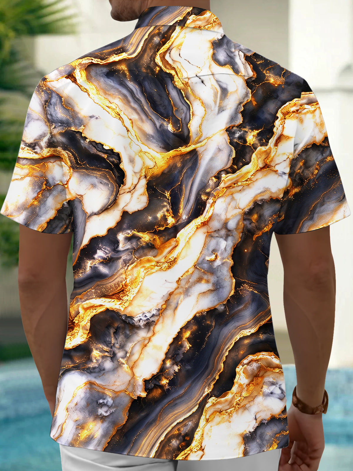 Oceanlyte Men's Patterned Black Gold Gilded Marble Print Short Sleeve Shirt with Chest Pocket
