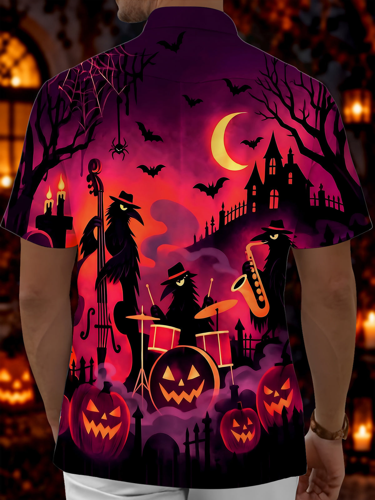 Oceanlyte Men's Halloween Crow Band Playing Instruments Print Short Sleeve Shirt with Chest Pocket