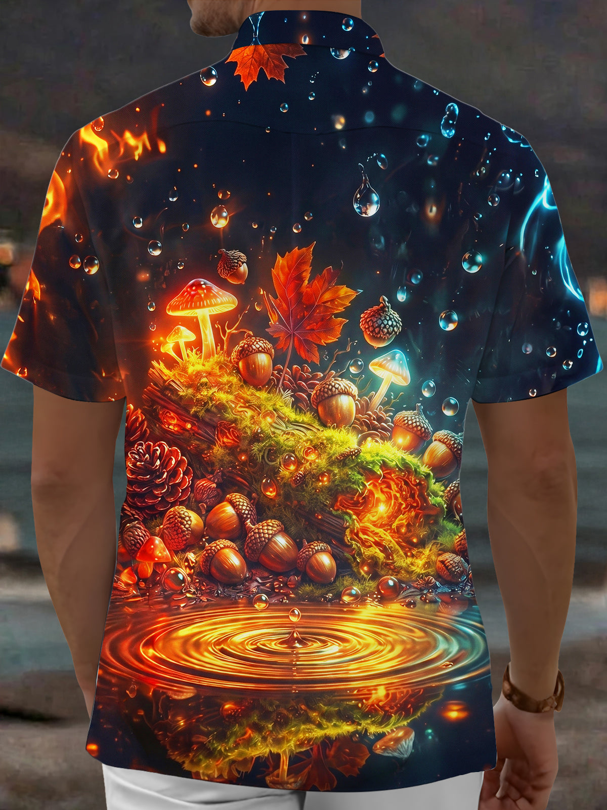 Oceanlyte Men's Autumn Forest Mushrooms And Acorns Print Short Sleeve Shirt with Chest Pocket