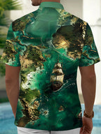Oceanlyte Men's Vintage Style Vintage Map Print Short Sleeve Shirt with Chest Pocket